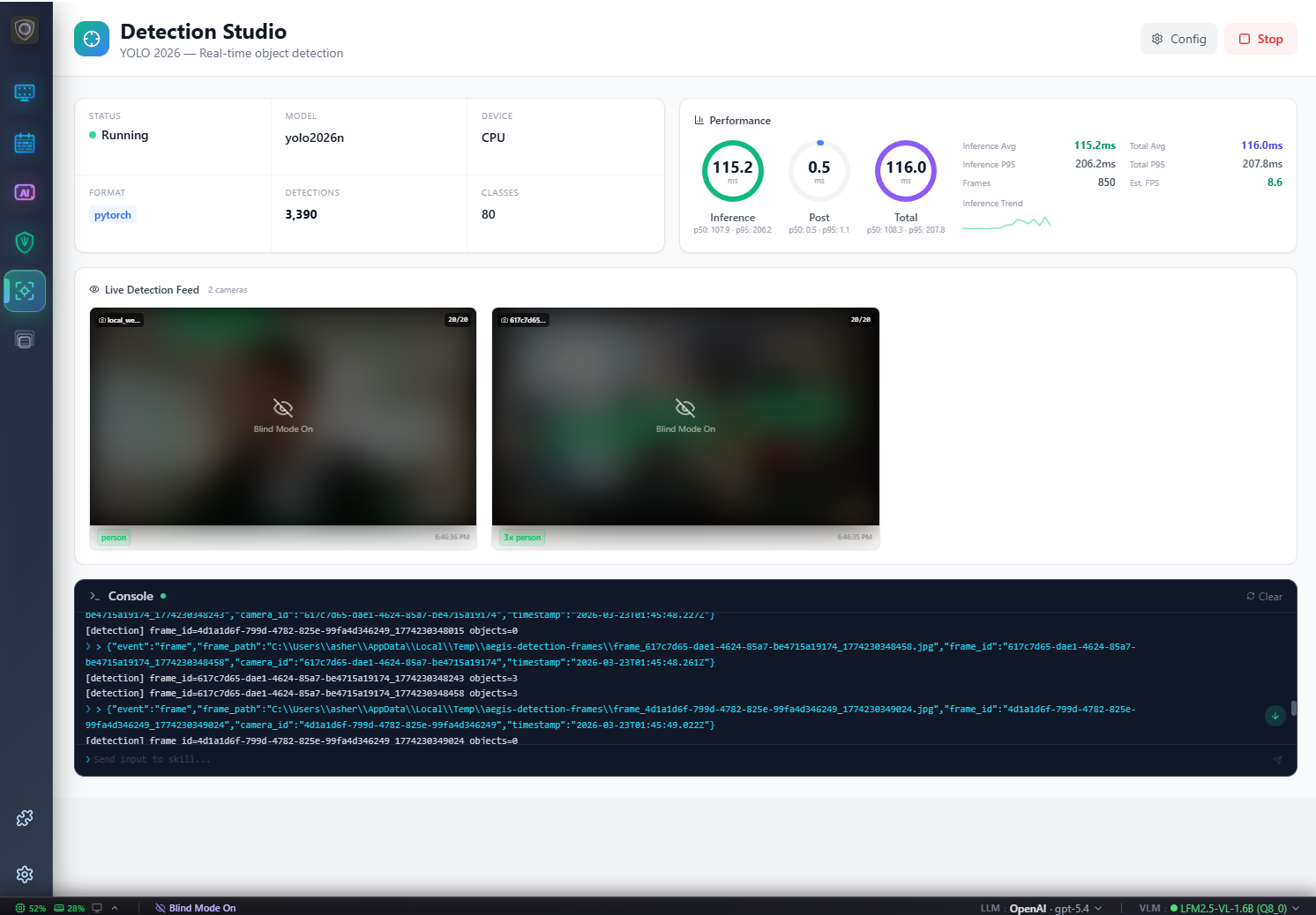 Aegis Detection Studio — YOLO 2026 live detection with performance metrics